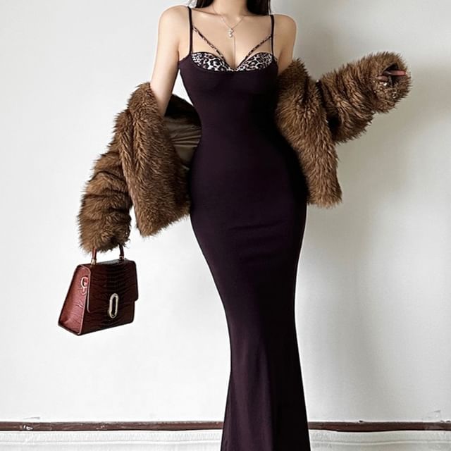 Spaghetti Strap Leopard Print Panel Maxi Mermaid Dress / Faux Fur Jacket