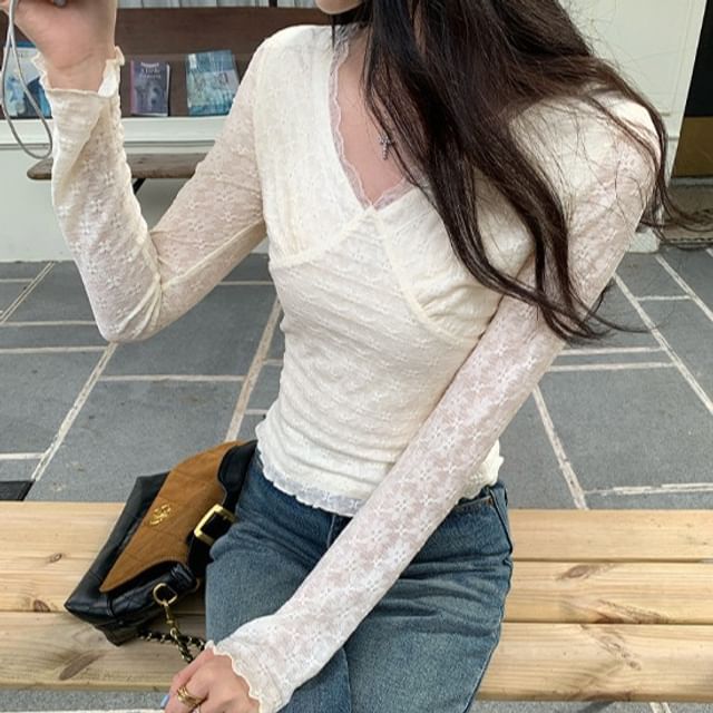 V-Neck Long Sleeve Top with Lace Trim