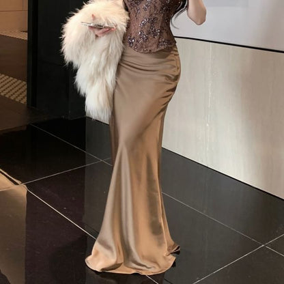 Tube Bustier Top and High Waist Satin Pencil Skirt