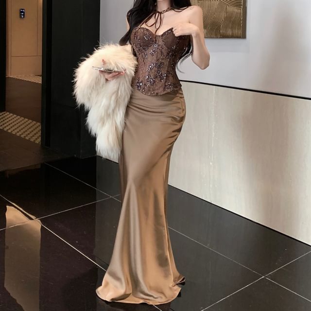 Tube Bustier Top and High Waist Satin Pencil Skirt