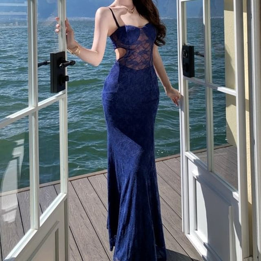 Spaghetti Strap Sweetheart Neck Lace Panel Sheath Evening Gown