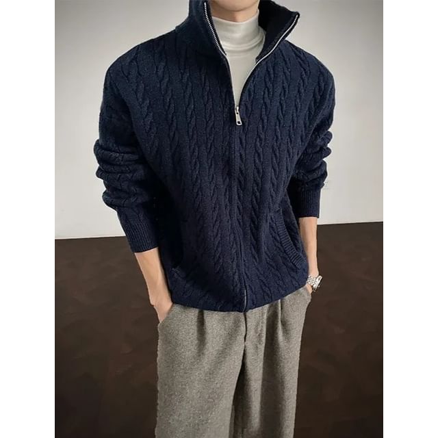 Couple Matching Stand Collar Plain Cable Knit Zip Cardigan