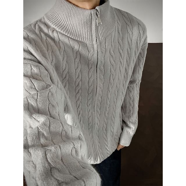 Couple Matching Stand Collar Plain Cable Knit Zip Cardigan