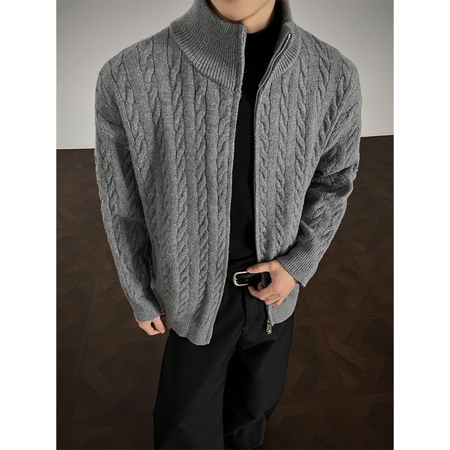 Couple Matching Stand Collar Plain Cable Knit Zip Cardigan