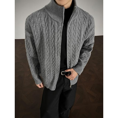 Couple Matching Stand Collar Plain Cable Knit Zip Cardigan