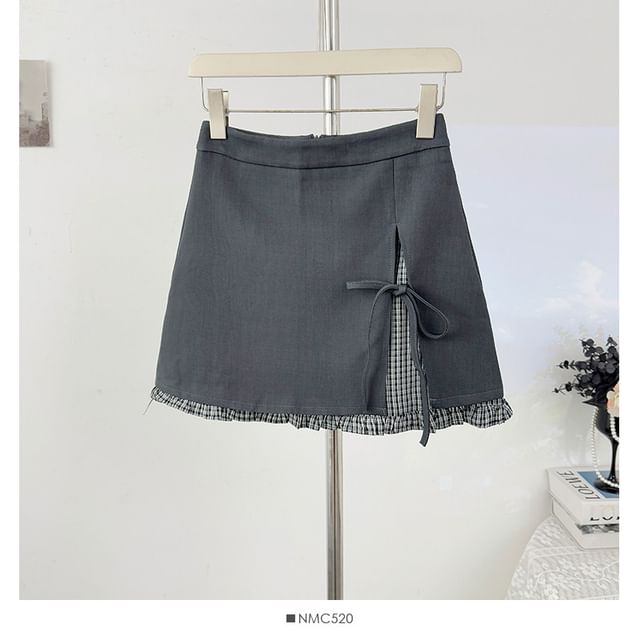 Plaid Ruched Hem Mini Pencil Skirt