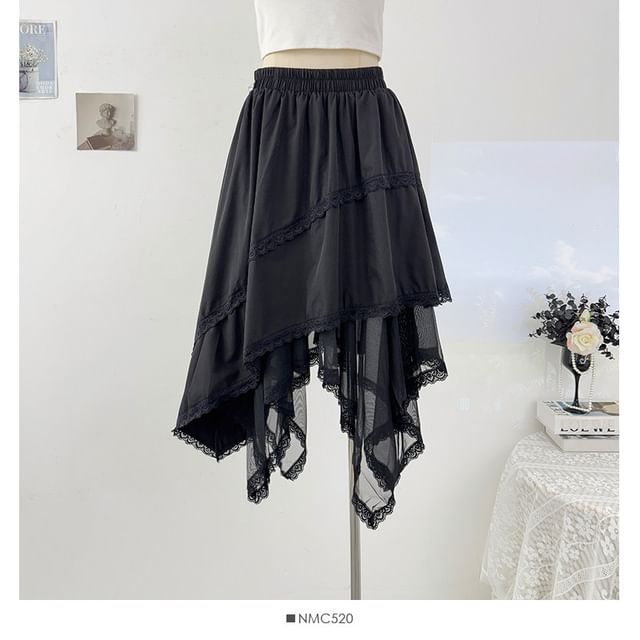 High-Waist Lace-Trim Mesh Asymmetric Hem A-Line Midi Skirt