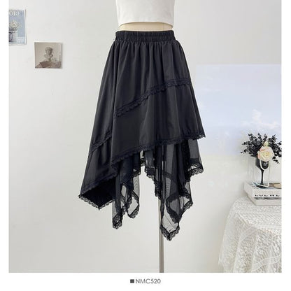 High-Waist Lace-Trim Mesh Asymmetric Hem A-Line Midi Skirt