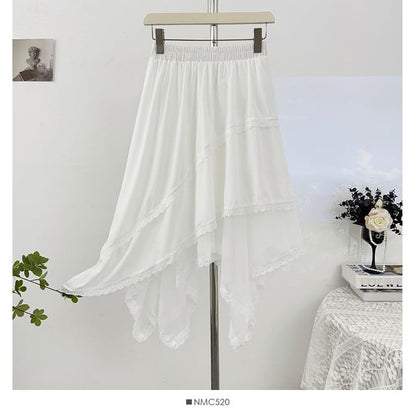 High-Waist Lace-Trim Mesh Asymmetric Hem A-Line Midi Skirt