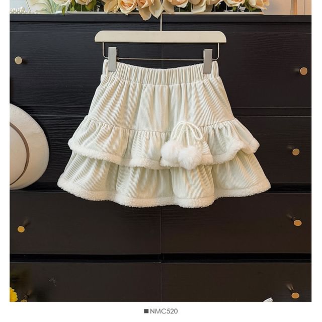 Corduroy Layered Mini Skirt with Furry Trim