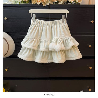 Corduroy Layered Mini Skirt with Furry Trim