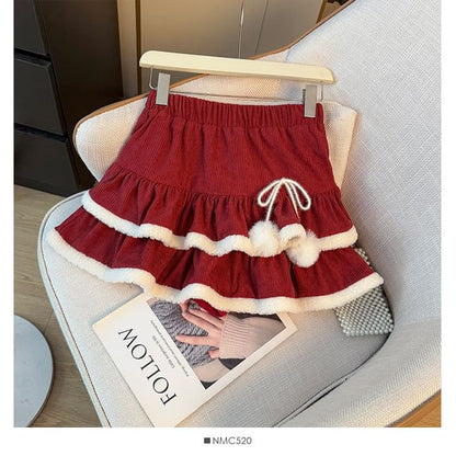Corduroy Layered Mini Skirt with Furry Trim