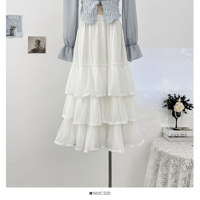 Lace Trim Mesh Maxi A-Line Skirt