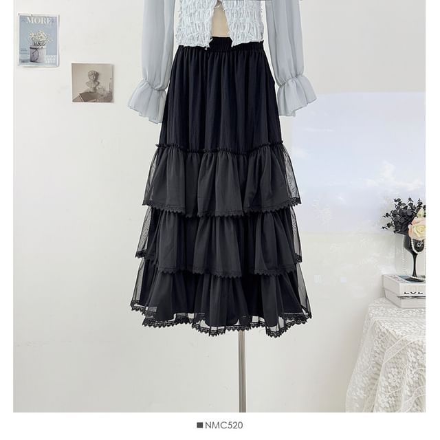 Lace Trim Mesh Maxi A-Line Skirt