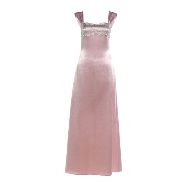 Sleeveless Square Neck Rhinestone Satin Maxi Bodycon Dress