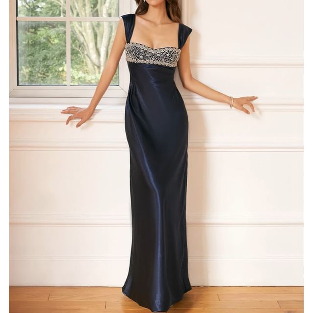 Sleeveless Square Neck Rhinestone Satin Maxi Bodycon Dress