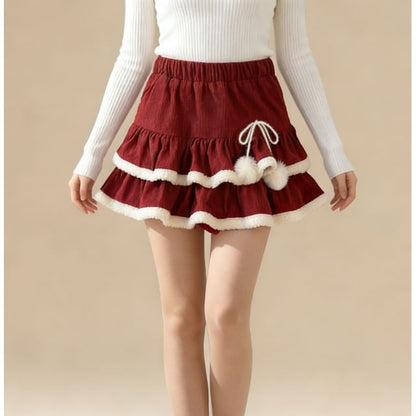 Corduroy Layered Mini Skirt with Furry Trim