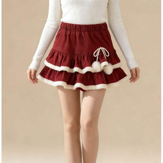 Corduroy Layered Mini Skirt with Furry Trim