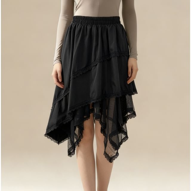 High-Waist Lace-Trim Mesh Asymmetric Hem A-Line Midi Skirt