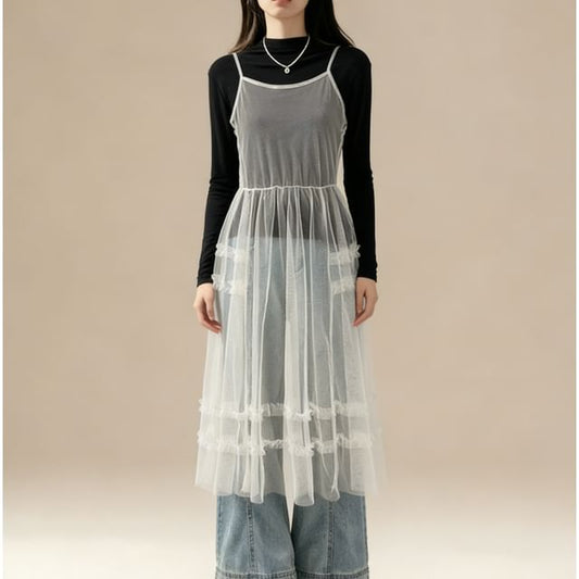 Spaghetti Strap Plain Sheer Midi A-Line Dress