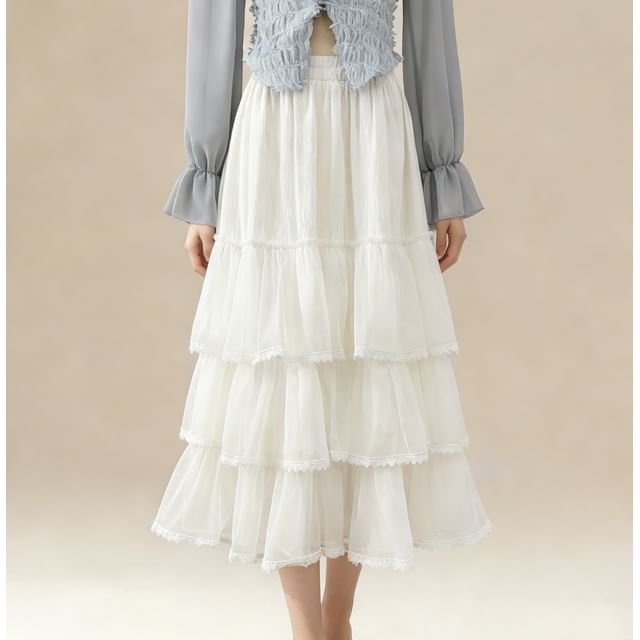 Lace Trim Mesh Maxi A-Line Skirt