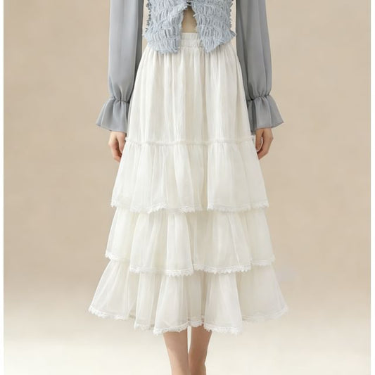 Lace Trim Mesh Maxi A-Line Skirt