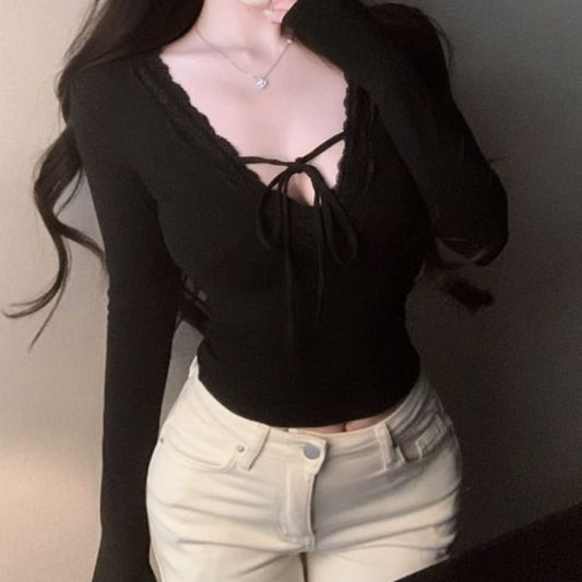 V-Neck Lace Trim Tie Front Crop Tee with Long Sleeves