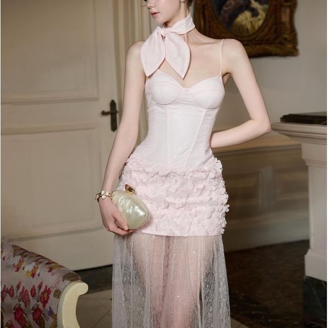 Spaghetti Strap Plain Lace Panel Maxi Sheath Dress