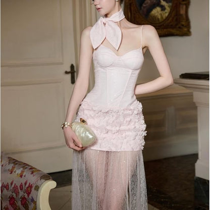 Spaghetti Strap Plain Lace Panel Maxi Sheath Dress