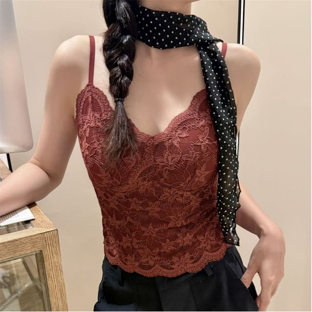 Padded Lace Crop Camisole with V-Neck