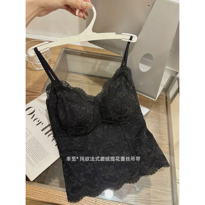 Padded Lace Crop Camisole with V-Neck
