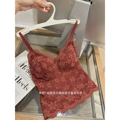 Padded Lace Crop Camisole with V-Neck