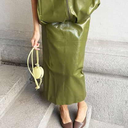 Faux Leather Midi Pencil Skirt with Panel Detail