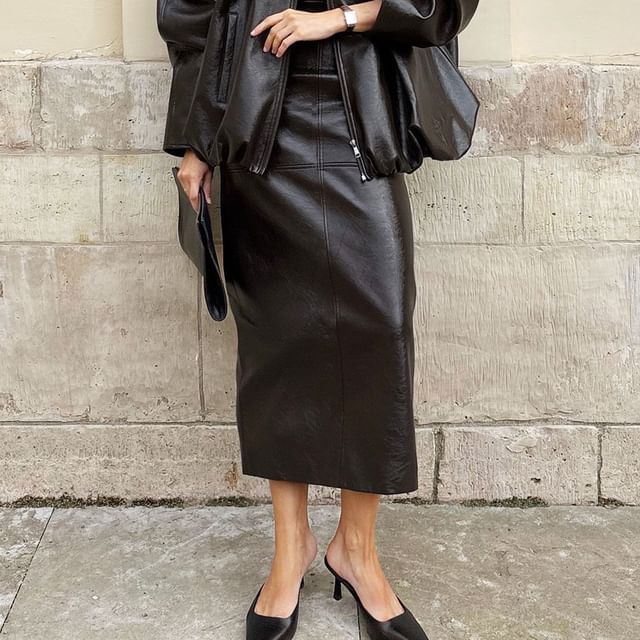 Faux Leather Midi Pencil Skirt with Panel Detail