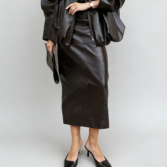 Faux Leather Midi Pencil Skirt with Panel Detail
