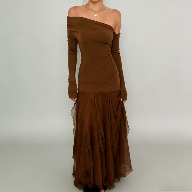 Long Sleeve Off Shoulder Plain Panel Mesh Maxi A-Line Dress