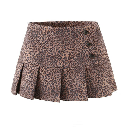 Leopard Print Pleated High Waist Mini A-Line Skirt
