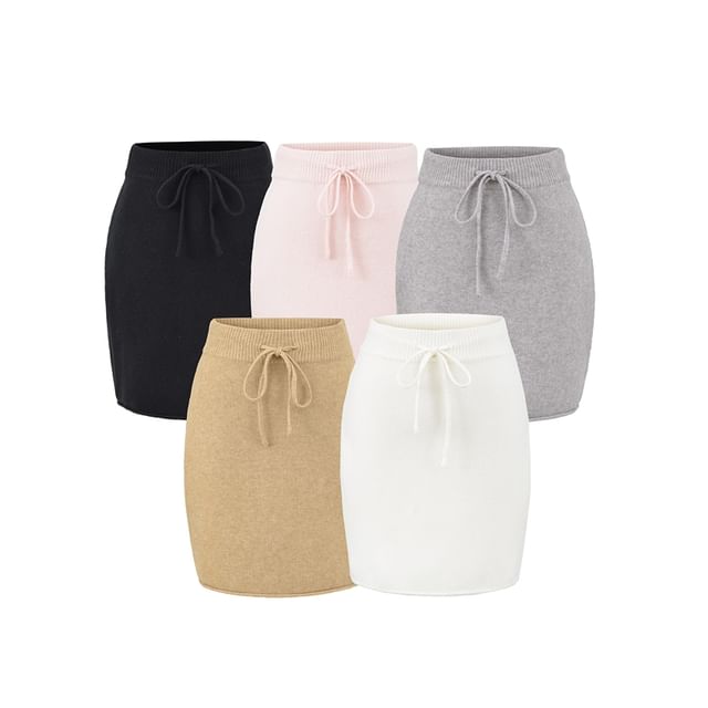 Drawstring Waist Knit Mini Pencil Skirt