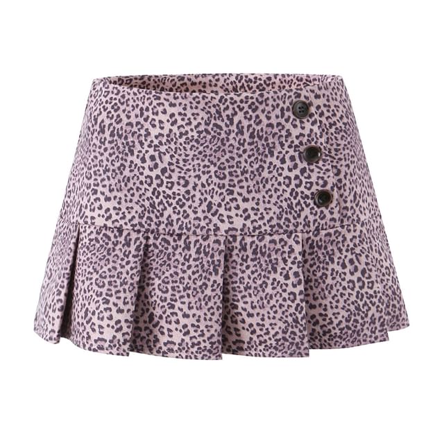 Leopard Print Pleated High Waist Mini A-Line Skirt