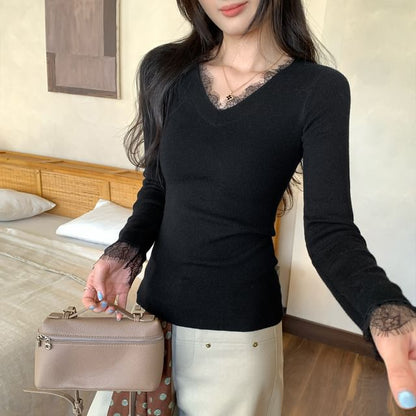 Long-Sleeve V-Neck Plain Lace Trim Ribbed Knit Top