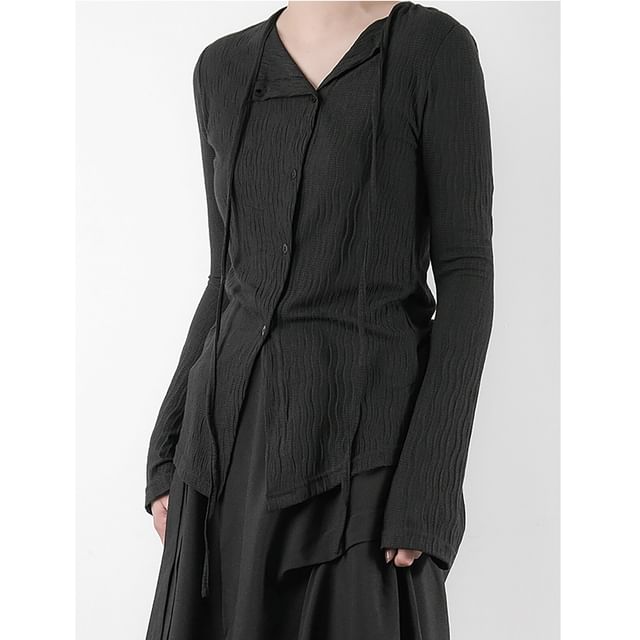 Long-Sleeve Plain Button-Up Lace-Up T-Shirt