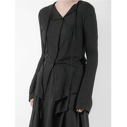 Long-Sleeve Plain Button-Up Lace-Up T-Shirt