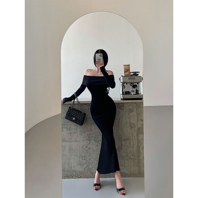 Long-Sleeve Off Shoulder Plain Knit Maxi Mermaid Dress