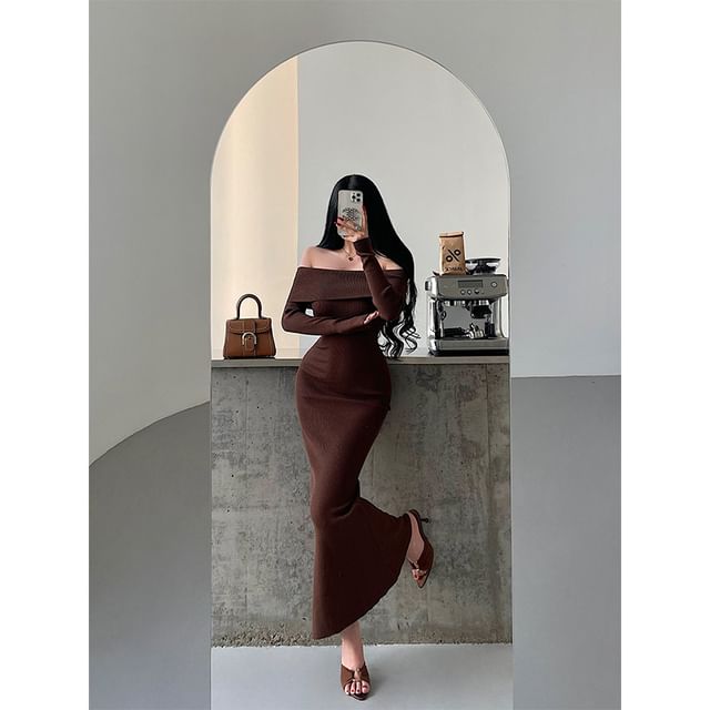 Long-Sleeve Off Shoulder Plain Knit Maxi Mermaid Dress
