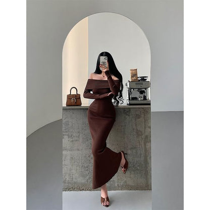 Long-Sleeve Off Shoulder Plain Knit Maxi Mermaid Dress