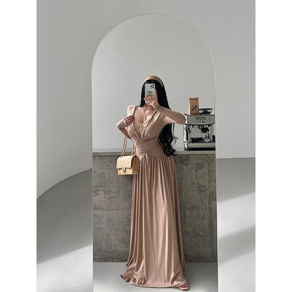Long-Sleeve V-Neck Lace Panel Plain Maxi A-Line Dress