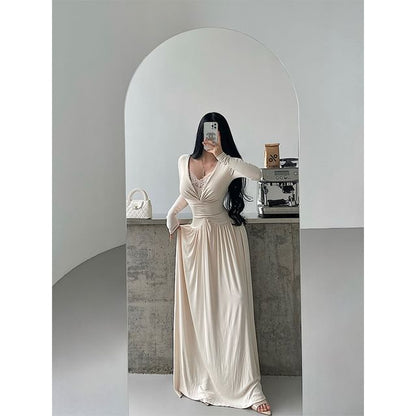 Long-Sleeve V-Neck Lace Panel Plain Maxi A-Line Dress