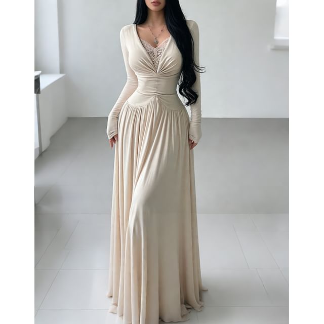 Long-Sleeve V-Neck Lace Panel Plain Maxi A-Line Dress