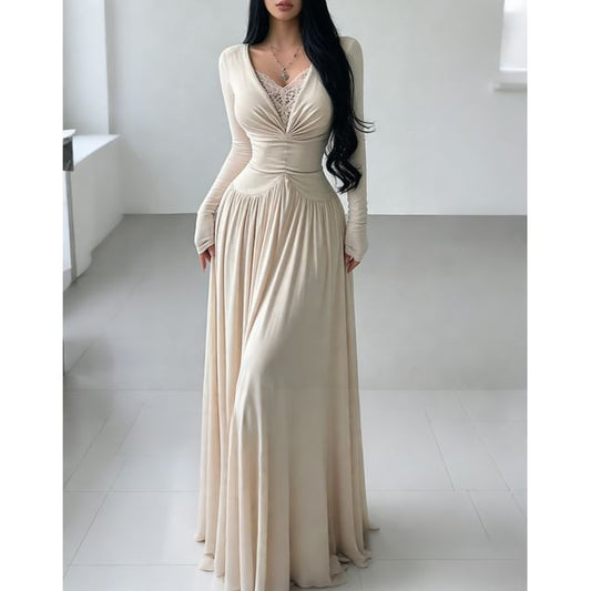 Long-Sleeve V-Neck Lace Panel Plain Maxi A-Line Dress