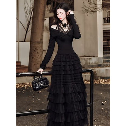 Mock Two-Piece Cold-Shoulder Lace Paneled T-Shirt / Choker / High Waist Midi A-Line Layered Skirt / Set